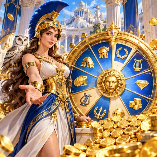 Athena beside a golden bonus wheel and piles of coins