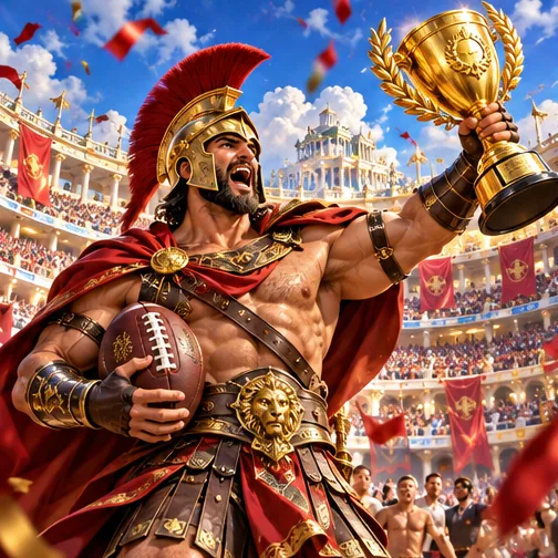 A Spartan warrior lifting a golden trophy in an arena